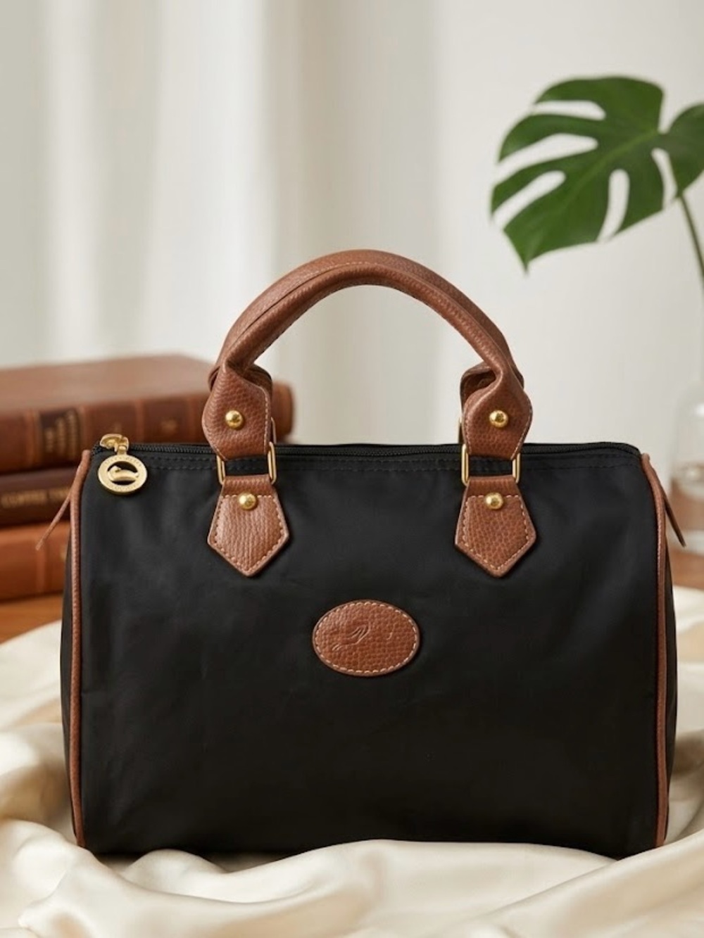 Black Nylon Satchel with Brown Leather Trim